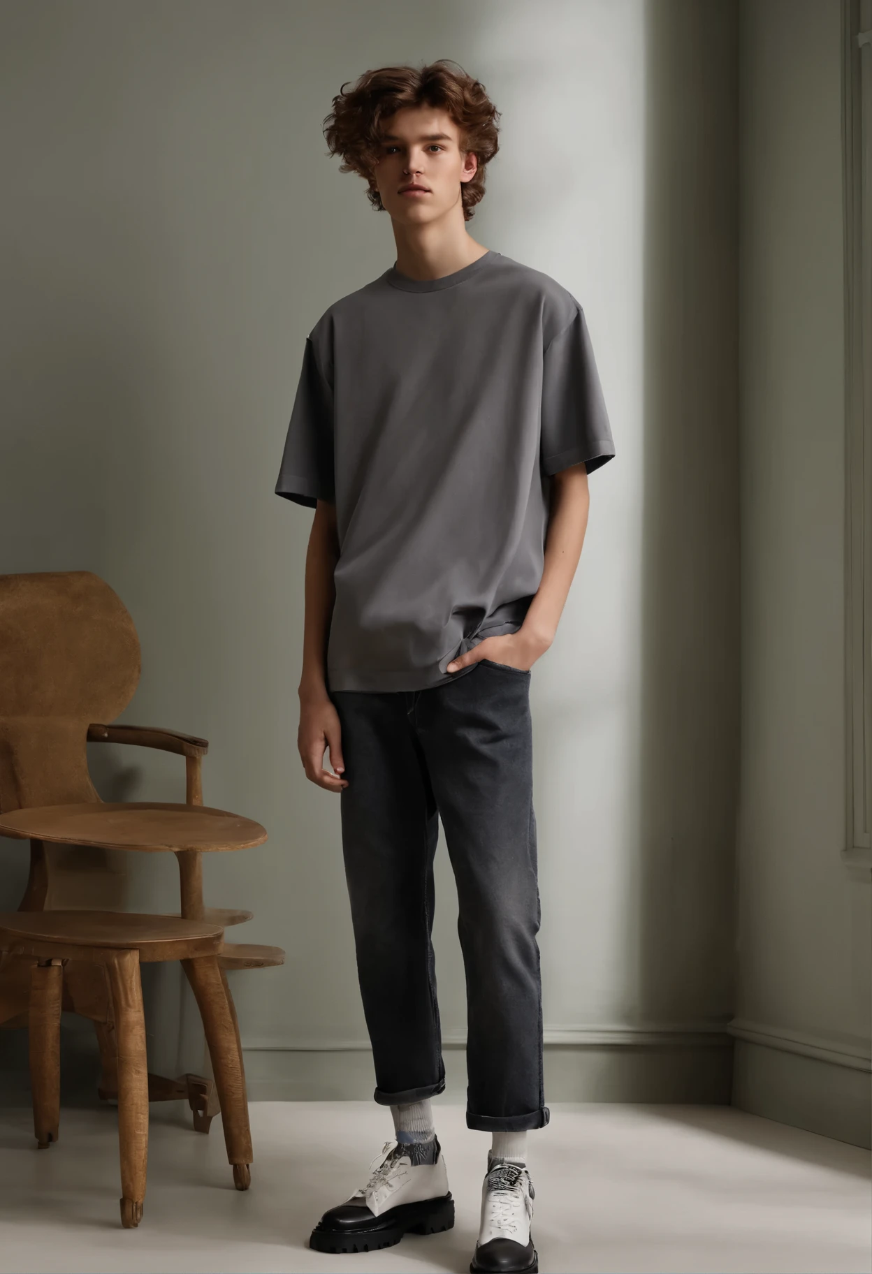 full-body shot,Height 185cm,British punk ager with messy hair,Wear a gray short-sleeved top and oversized jeans from Balenciaga Spring/Summer 2023。Photo taken on white background,Standing squarely for him。 --s 750 --q 2 --v 5