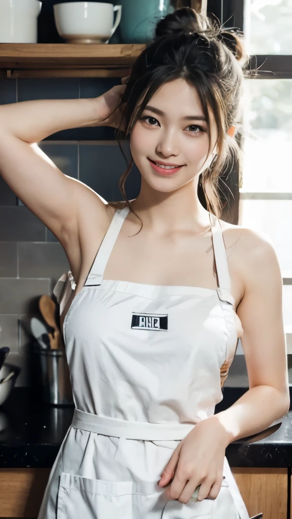 Open mouth and laugh out loud,Woman making a dish, In the kitchen, Wearing a naked apron,(Naked Apron,Black and white apron,Modern Apron),(Bun hair,Curly,Black hair),medium shot,Smile,Happy face,big-breasts, (covered-),Slender figure,Realistic,Photorealistic:1.37, masutepiece, Best Quality,nffsw,Ultra detailed skin,high detailed face,High detailed eyes,Beautiful and delicate,detailed clothes,highres photograph,Professional Light,Cinematic lighting,Show me your armpit, look Viewer