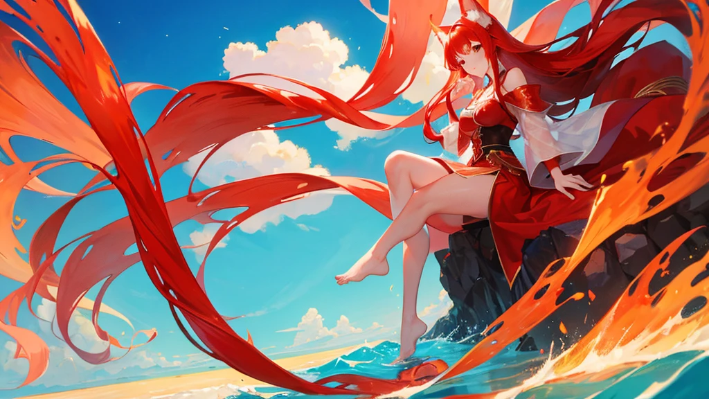 beutiful girl, red hair, nine tailed fox, royal clothes, 8k resolution, sky