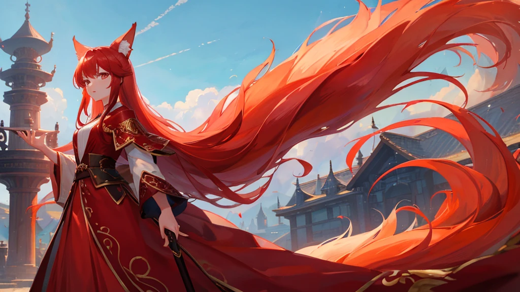 beutiful girl, red hair, nine tailed fox, royal clothes, 8k resolution, sky