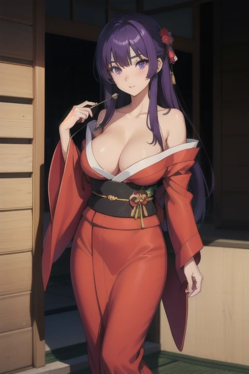 A girl with long straight purple hair and purple eyes with tan skin and full breasts standing straight facing the viewer in a kimono, perfect,