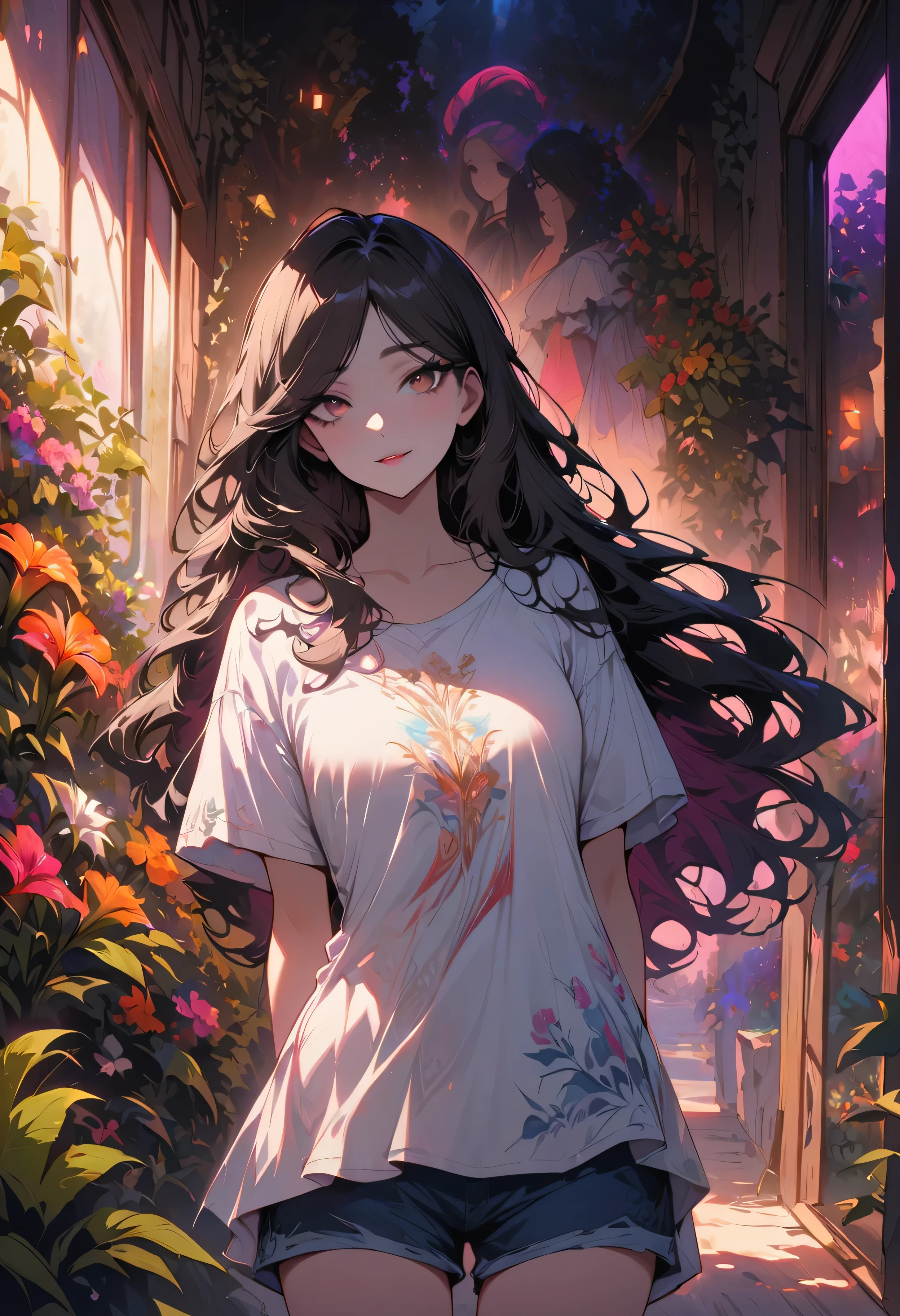 ((((Obra maestra, La mejor calidad, ultrahigh resolution)))), 1girl, standing, ((baggy white t-shirt, loose fitting blue shorts, black hair, dark black hair)), long hair cut, pale skin, ((brown eyes)), glowing_eyes, neon eyes, (ultra detailed eyes:0.7, beautiful and detailed face, detailed eyes:0.9), ((centered)), smile, ((wide shot)), facing viewer, (((vibrant background of outside, flowers, bright lighting, summer, sunlight))), flat chested, looking at viewer, ((perfect hands)), ((head:1, hips, elbows, arms, in view)), ((hands behind back)), empty eyes, beautiful lighting, defined subject, 25 years old, ((cool looking))