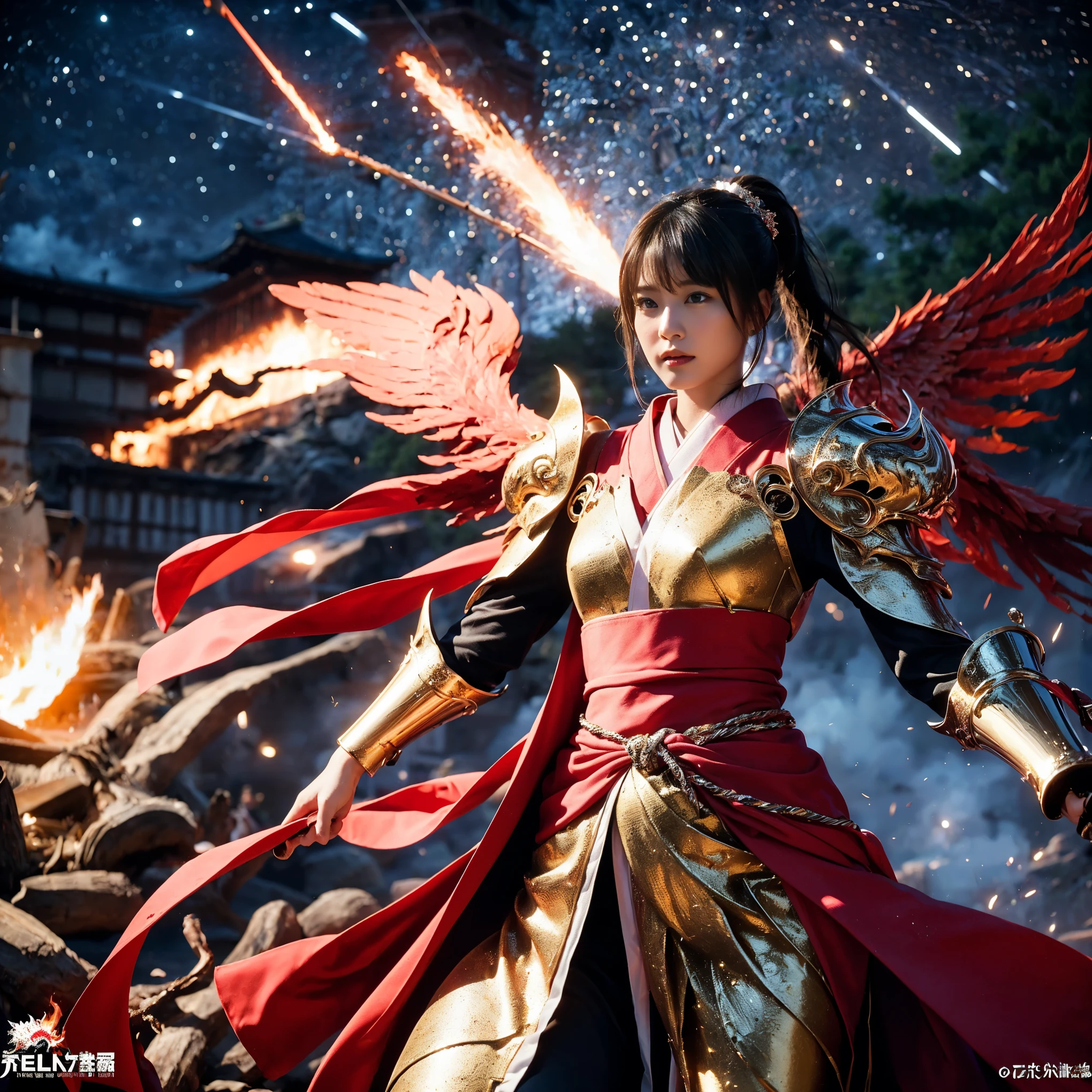 (((Realistic, masterpiece, best quality, crisp detail, high definition, high detail, very rich detail, sharp focus, sharp detail, colorful, rich color, perfect studio lightning))), ((20 years old, japanese goddess of hell, kasumi arimura)) in the molten lava flood, wearing (((beautiful decorated golden heavy armor, phoenix armor, phoenix pinions, decorated full body armor, fully armored beautiful kimono, wide phoenix fire wings, blue aura))), (flying, floating, offensive stance, burning hands, holding flame swords, blood scattered face, blood tears, blood bath, blood shed), (((fire everywhere, blood everywhere, death everywhere, japan bakumatsu period, dead bodies,carcass,burned japanese castle,hellish,chaos, hell fire, exploding volcano, meteor shower)) destroyed traditional village background), shot from below