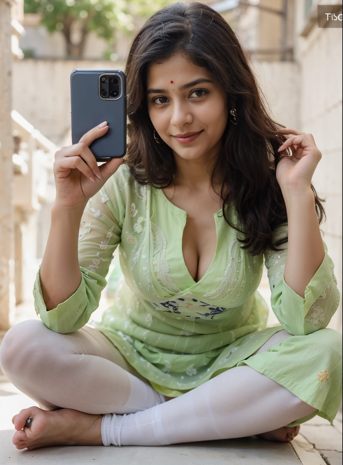 30 year old short Indian girl in navy blue chikenkari kurti with embroidery work, smiling face,round specs,showing huge breasts to the camera in transparent kurti