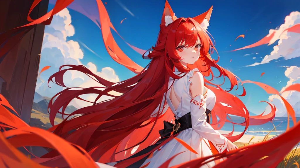 beutiful girl, red hair, nine tailed fox, fox, royal clothes, 8k resolution, sky