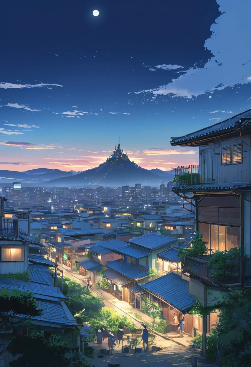 Vista de un pueblo con estructuras que mezclen lo antiguo con lo moderno, de fondo un gran castillo, pero destruida con casas ardiendo, personas huyendo, dead people on the ground plus shadow creatures landing people, matando gente, everything is being consumed by her fire., manga anime type illustration, contraventana, la vision ultra amplia del paisaje urbano, Science fiction buildings that break the imagination., All buildings have a sense of technology and are full of technology... A science fiction blockbuster with a sense of sight.... Architecture combined with lighting. Hermosa ciudad del futuro., bella ciudadscape, technology city background, amor porcelana, con una ciudad al fondo. inspirado en Makoto Shinkai's arte conceptual popular y obras maestras en pixiv, vision (lente gran angular), super high resolution (Fidelidad: 1.4), super high quality, Fondos de pantalla CG Unity 8k extremadamente detallados, aesthetics, award-winning photography, verdadero alto detalle, Mejora de detalles, Blur removal, Complejidad, arte itinerante. Visualmente impresionante. Hermosa ciudad pexels, blue hour photography, nubes espectaculares, nubes de fantasia.