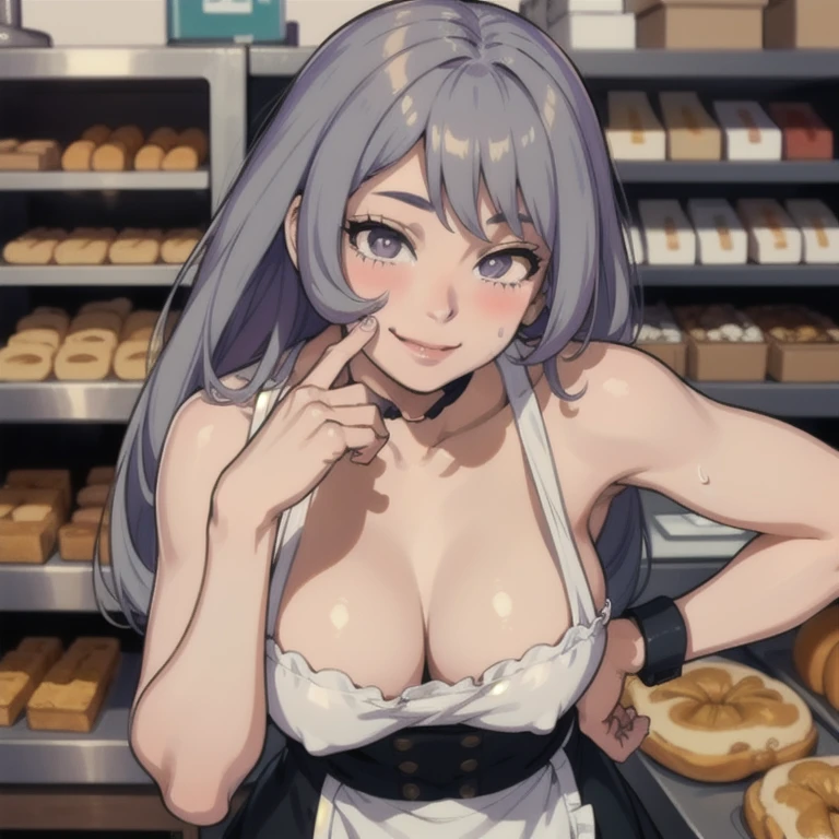 ((masterpiece, best quality, highres, UHD, perfect pixel, depth of field, 8k, RTX, HDR)), BREAK, 1girl, single, solo, beautiful anime girl, beautiful artstyle, anime character, ((long hair, grey hair)), (purple:1.4, rounded eyes, beautiful eyelashes, realistic eyes),big breast, without clothes wearing only a white apron, covered in sweat, blushing, with a smile, BREAK, holding a bitten bread in the hand, sexy pose in a pastry shop with shelves with a lot of bread.