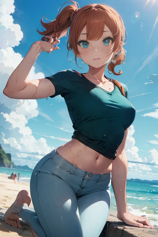 masterpiece, extremery magnificent view, perspective, extremery best quality, extremery detailed CG, 8k wallpaper, high resolution, highly detailed face, highly detailed eyes, perfect anatomy, super detailed skin,
(dynamic angle, dynamic pose:1.2), outdoors, sandy beach, soothing waves, (portrait, legs focus, full body), (beautiful face, beautiful eyes, beautiful legs:1.3), in the water, wet,
1 girl, solo, sonia, (aqua shirt, ribbed shirt), (pants:1.3), large breasts, orange hair, side ponytail, heart hair ornament, (barefoot), aqua eyes, skinny, slender, wide hips, thin waist