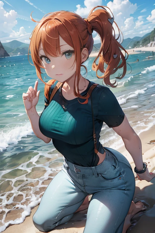 masterpiece, extremery magnificent view, perspective, extremery best quality, extremery detailed CG, 8k wallpaper, high resolution, highly detailed face, highly detailed eyes, perfect anatomy, super detailed skin,
(dynamic angle, dynamic pose:1.2), outdoors, sandy beach, soothing waves, (portrait, legs focus, full body), (beautiful face, beautiful eyes, beautiful legs:1.3), in the water, wet,
1 girl, solo, sonia, (aqua shirt, ribbed shirt), (pants:1.3), large breasts, orange hair, side ponytail, heart hair ornament, (barefoot), aqua eyes, skinny, slender, wide hips, thin waist