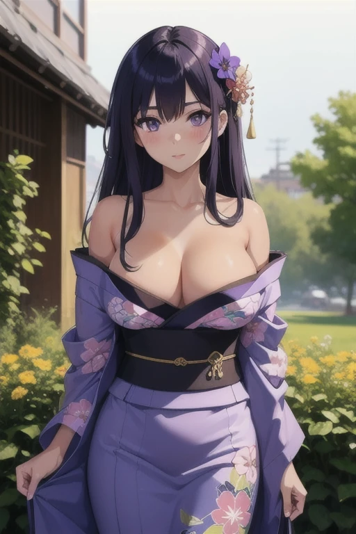 A girl with long straight purple hair and purple eyes with tan skin and full  standing straight facing the viewer in a flower kimono, perfect,