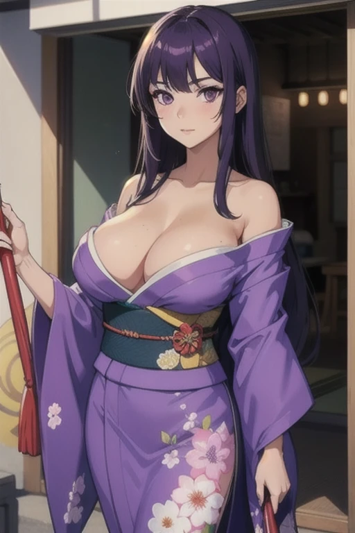 A girl with long straight purple hair and purple eyes with tan skin and full breasts standing straight facing the viewer in a flower kimono, perfect,