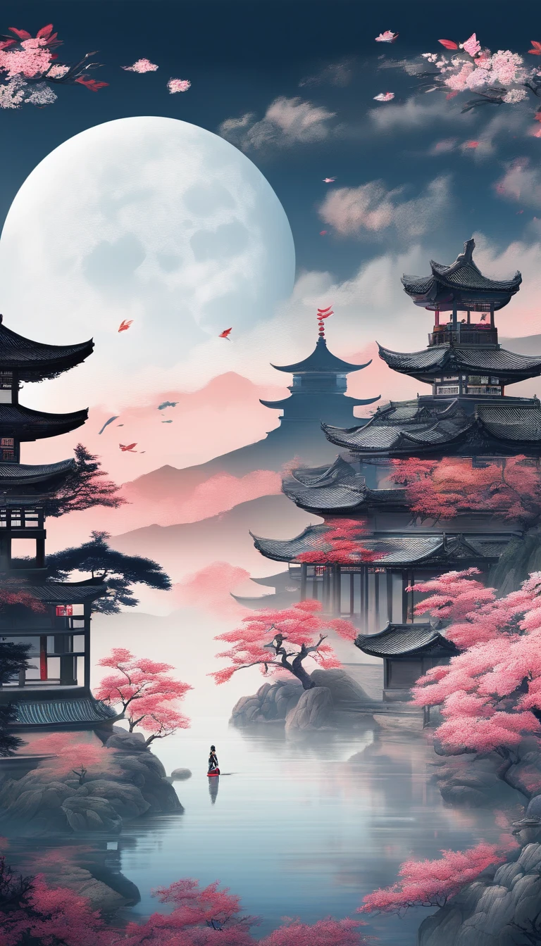 (best quality,4k,8k,highres,masterpiece:1.2),ultra-detailed,(realistic,photorealistic,photo-realistic:1.37),Chinese landscape,Traditional Chinese painting,Ancient rhyme Jiangnan,Yamakawa,pines,Leave white space,simple,themoon