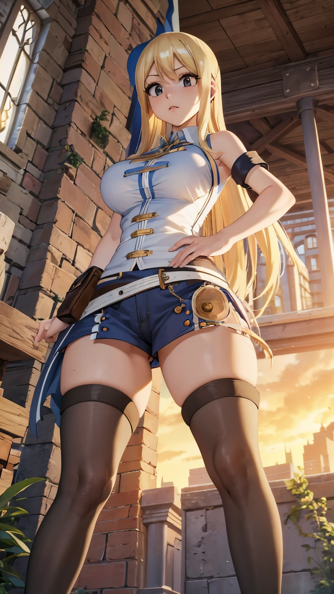 CG, unity, 8k, wallpaper, highest quality, masterpiece, 1 girl, lucy heartfilia, blonde, dynamic pose, (stocking: 1.5), thighs, sexy, best lighting, complex pupils, complex textile, realistic skin texture, detailed background, (In a Western-style fantasy city), low angle, view from below