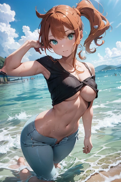 (((nude, naked))),masterpiece, extremery magnificent view, perspective, extremery best quality, extremery detailed CG, 8k wallpaper, high resolution, highly detailed face, highly detailed eyes, perfect anatomy, super detailed skin, (dynamic angle, dynamic pose:1.2), outdoors, sandy beach, soothing waves, (portrait, legs focus, full body), (beautiful face, beautiful eyes, beautiful legs:1.3), in the water, wet, 1 girl, solo, sonia, (aqua shirt, ribbed shirt), (pants:1.3), large breasts, orange hair, side ponytail, heart hair ornament, (barefoot), aqua eyes, skinny, slender, wide hips, thin waist
