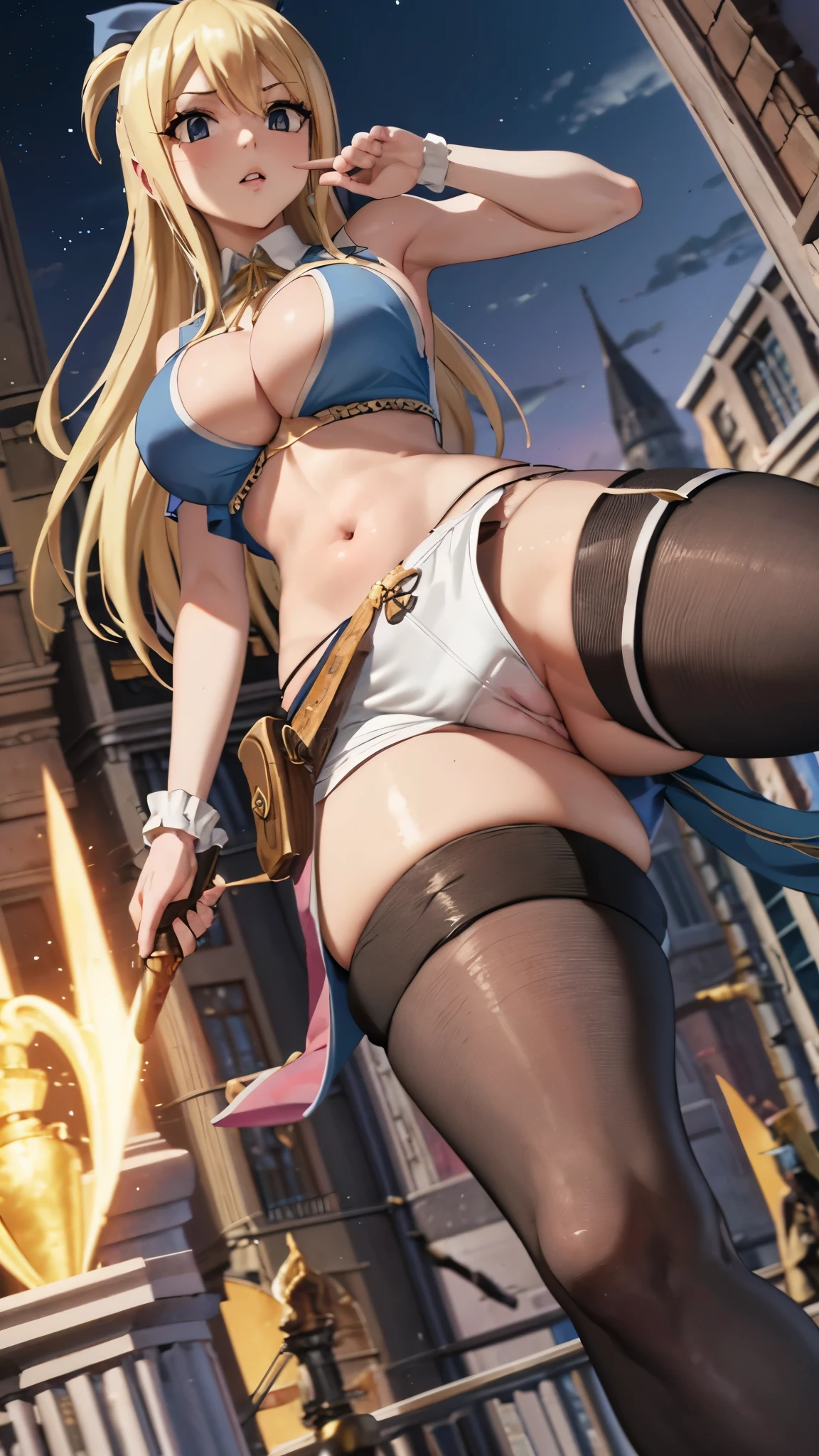 CG, unity, 8k, wallpaper, highest quality, masterpiece, 1 girl, lucy heartfilia, blonde, dynamic pose, (stocking: 1.5), thighs, sexy, best lighting, complex pupils, complex textile, realistic skin texture, detailed background, (In a Western-style fantasy city), low angle, view from below