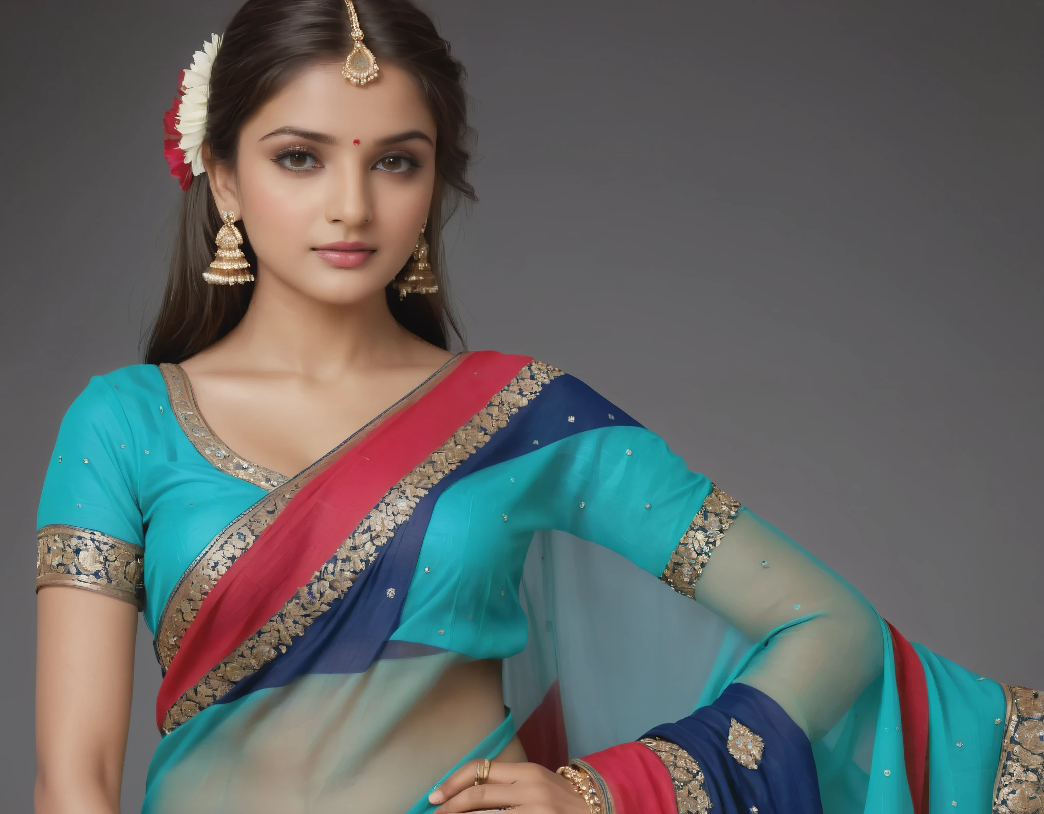 A 20-year-old Indian girl dressed in classic Indian attire exudes elegance and grace. She wears a vibrant and intricately embroidered saree, draped in the traditional style that complements her youthful charm. The rich fabric flows gracefully around her, adorned with delicate patterns and embellishments that reflect the cultural heritage of India