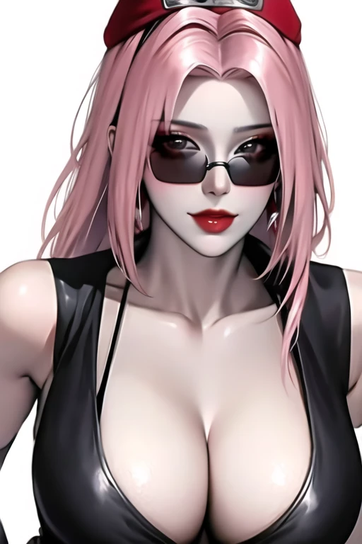 1girl, sunglasses, solo, hat, lipstick, red lips, long hair, dress, plunging neckline, makeup, monochrome, white background, earrings, cleavage, jewelry, upper body, spot color, hair over shoulder,dark theme,shiny,shiny skin,milf,(mature female:1.2),haruno sakura