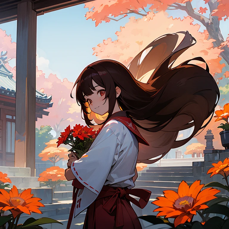 Una Miko adolescente, con ropa de miko tradicional, tending flowers at his Shintō temple, She has long dark brown hair with bangs., su piel es morena un poco oscura por ser de Okinawa, amber eyes. Sonriendo ligeramente