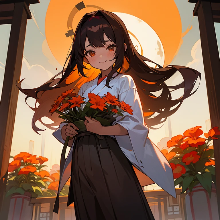 Una Miko adolescente, con ropa de miko tradicional, tending flowers at his Shintō temple, She has long dark brown hair with bangs., su piel es morena un poco oscura por ser de Okinawa, amber eyes. Sonriendo ligeramente
