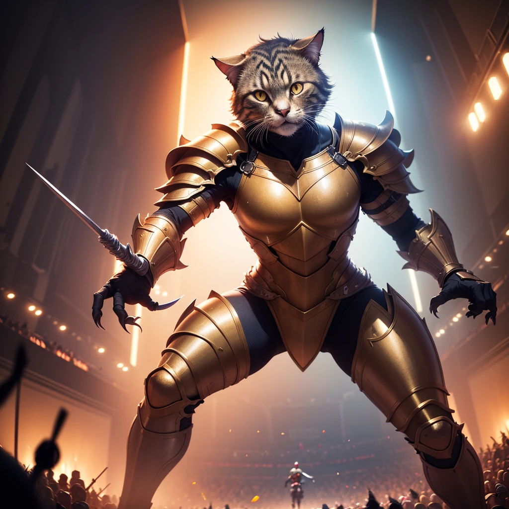 A cat Knight displays his weapon moves after defeating a slutty Princess Peach,illustration,gold armor,sharp claws,combat stance,victory celebration,crowd cheering,arena battlefield,(best quality,4k,8k,highres,masterpiece:1.2),ultra-detailed,realistic,colorful,studio lighting,fierce style,metallic tones, dynamic lighting.