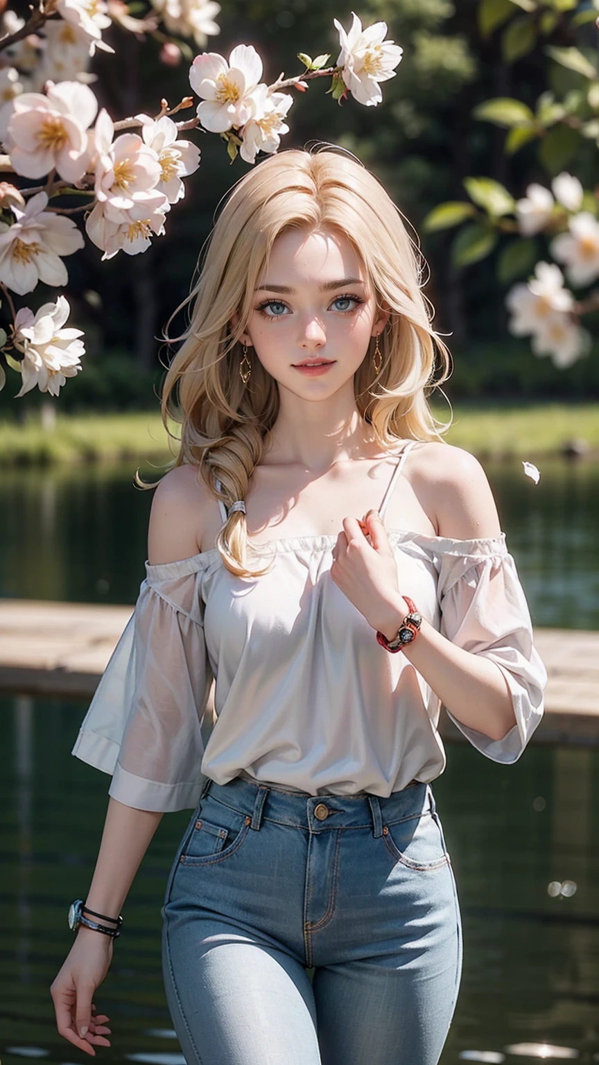 ((最high quality, 8K, masterpiece: 1.3, Ultra HD, high quality, 最high quality, High resolution, realism)) 、(high color saturation:1.0), (highly detailed skin), (最high quality:1.0), (超High resolution:1.0) ,(realistic:1.0), (Super detailed:1.0), (8K, Raw photo:1.1), slender、Slender, muscular body that&#39;s toned like an athlete&#39;s、I don&#39;t want my head to disappear from the screen.、Wear accessories on your wrist、Wearing red nail polish、I have a peticure、25 year old white woman、platinum blonde、long hair、hair is wavy、blue eyes、hair above one eye、smile、smile showing teeth((grin ))、Wear off-the-shoulder tops、Lower milk visible、Wear low-rise skinny jeans、At the lakeside、There is only nature around、Full bloom cherry blossoms、SakuraFubuki