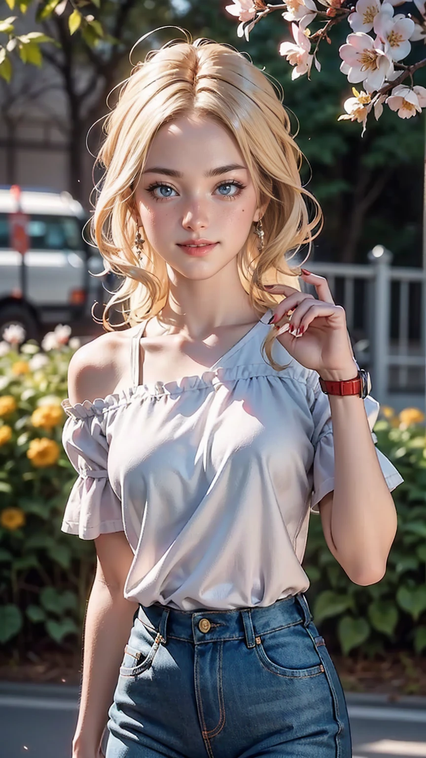 ((最high quality, 8K, masterpiece: 1.3, Ultra HD, high quality, 最high quality, High resolution, realism)) 、(high color saturation:1.0), (highly detailed skin), (最high quality:1.0), (超High resolution:1.0) ,(realistic:1.0), (Super detailed:1.0), (8K, Raw photo:1.1), slender、Slender, muscular body that's toned like an athlete's、I don't want my head to disappear from the screen.、Wear accessories on your wrist、Wearing red nail polish、I have a peticure、25 year old white woman、platinum blonde、long hair、hair is wavy、blue eyes、hair above one eye、smile、smile showing teeth((grin ))、Wear off-the-shoulder tops、Lower milk visible、Wear low-rise skinny jeans、At the lakeside、There is only nature around、Full bloom cherry blossoms、SakuraFubuki