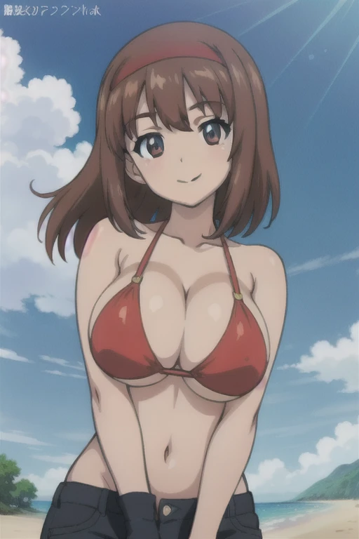 (anime cels style, best quality, high resolution, megami magazine, anime poster style, photorealistic), (beautiful eyes:1.2), kondou_taeko:1.5, Girls und Panzer, 1girl, smile, brown medium hair, brown eyes, red headband, (huge breast), (red bikini), upper body, (perfect detailed anatomy, beautiful face, perfect body, perfect arms, shiny skin), sunshine, bluesky