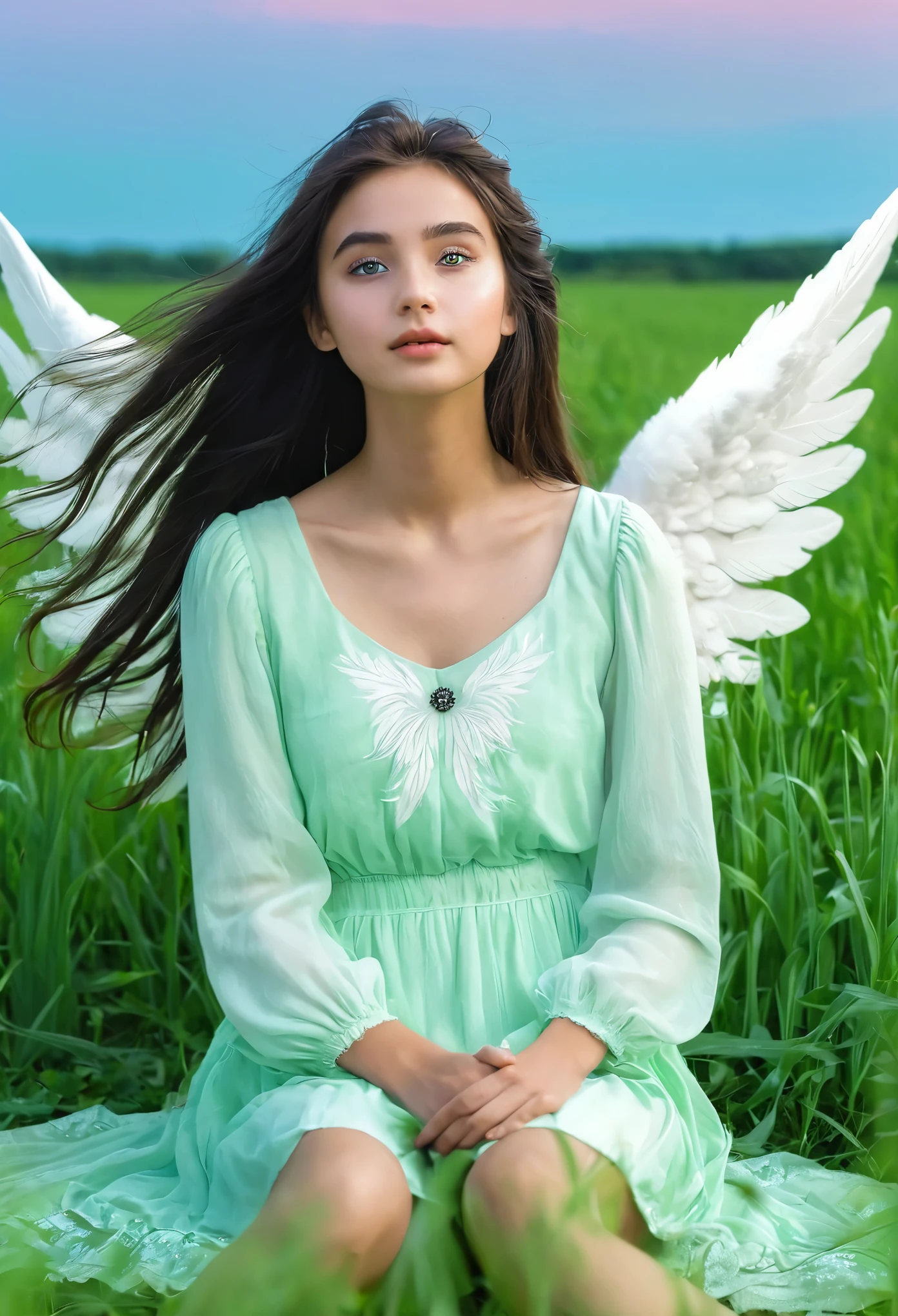 Girl long hair black eyes sitting in a green field still looking at angel in the sky
