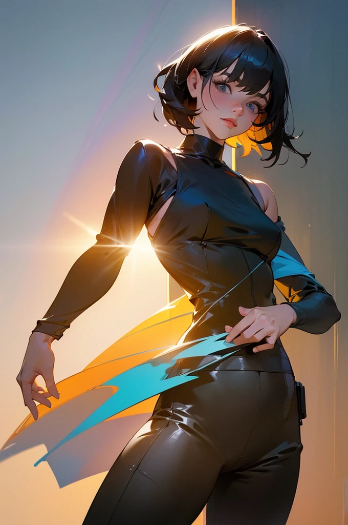 (best quality,4k,8k,highres,masterpiece:1.2), ultra-detailed, (realistic,photorealistic,photo-realistic:1.37), young female, 18-year-old, short black hair, black shirt, partially worn jacket, exposed shoulders, black pants, exposed abdomen, provocative gaze, direct eye contact with the viewer, daytime, natural lighting, vibrant colors, elegant and contemporary style, dynamic composition, confident pose, urban background, contrast between light and shadow, youthful energy