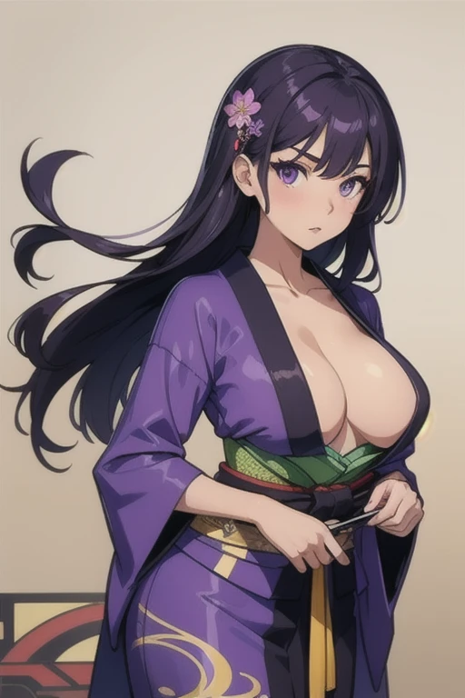 A girl with long straight purple hair and purple eyes with tan skin and full breasts standing straight facing the viewer in a flower kimono, perfect,