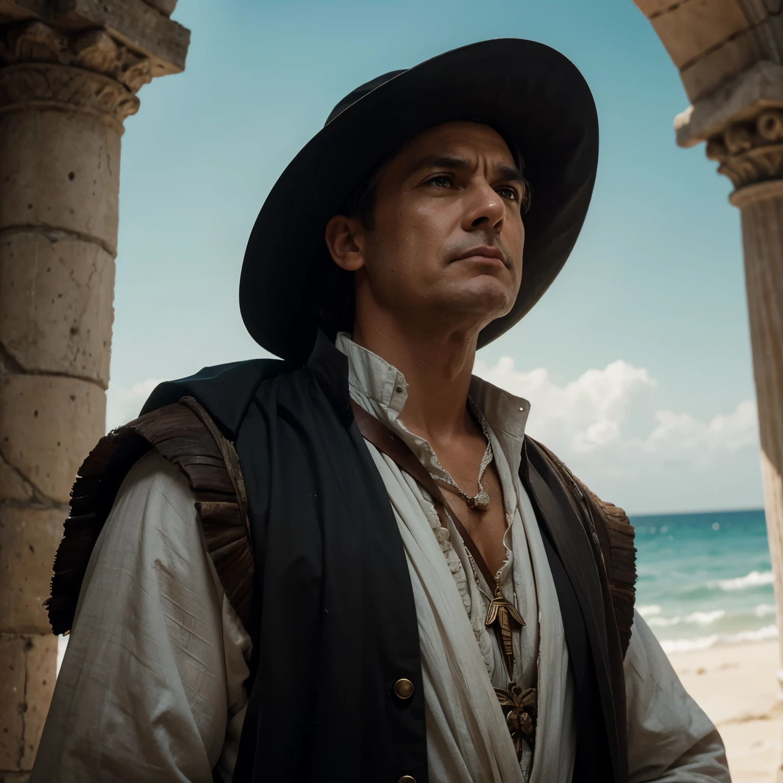 hyper-realistic action scene in which Christopher Columbus closely examines the flora and fauna of America.. "Agrega detalles extremadamente precisos a las plantas., animales, and the expression of astonishment on Columbus' face, 8K, cinematic light, foto realista, renderizado de octanaje, enfocado, obra maestra, 35mm,