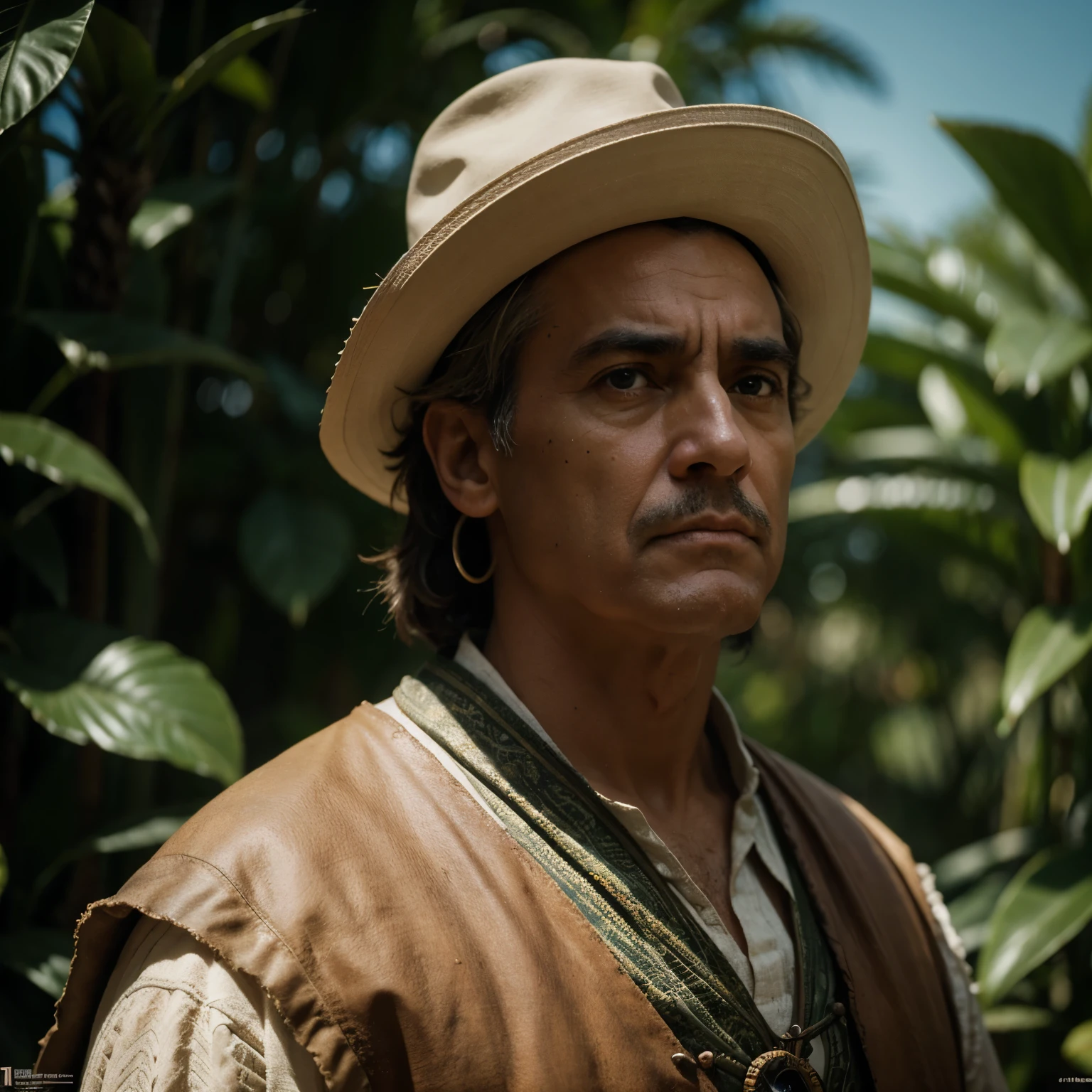 hyper-realistic action scene in which Christopher Columbus closely examines the flora and fauna of America.. "Agrega detalles extremadamente precisos a las plantas., animales, and the expression of astonishment on Columbus' face, 8K, cinematic light, foto realista, renderizado de octanaje, enfocado, obra maestra, 35mm,