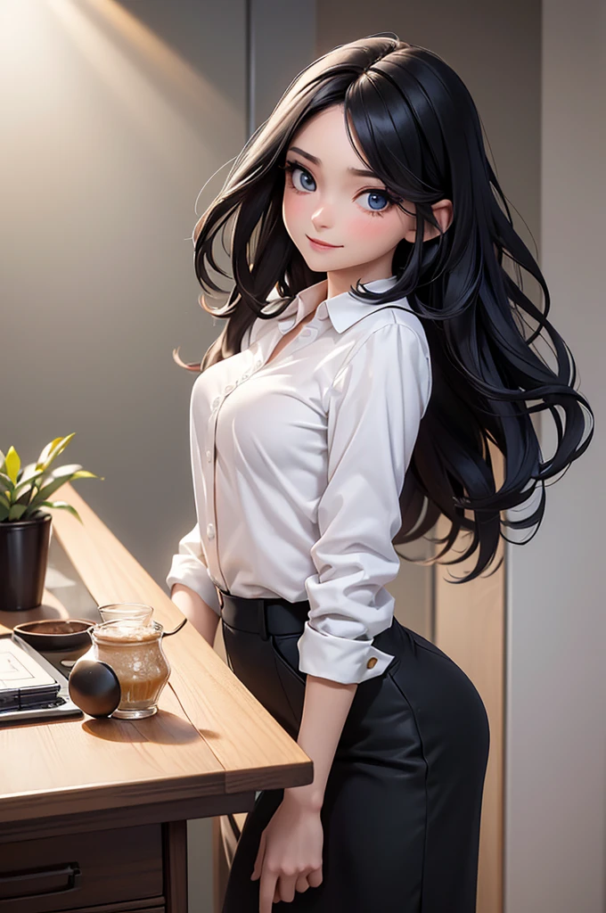 (on the table, The art of math, digital illustration, 4K, 8K, super detailed, beautiful images, clear image, actual, original photo, perfect face, perfect lines, perfect eyes, soft Lighting) 1 female, (long black hair,straight hair,看涨的目Light,beautiful woman,Set makeup,23 year old female,small breasts:1.3),secretary, Two handsome guys in suits, (Humanity,man in suit,muscular,Shoulders broad and firm,adult male,boyish hairstyle,English gentleman'style,A man in his 30s,cold expression,28 year old man,Smile brightly:1.2),Bright western style room、white wall、Couple dancing、Light、country style、pop dance