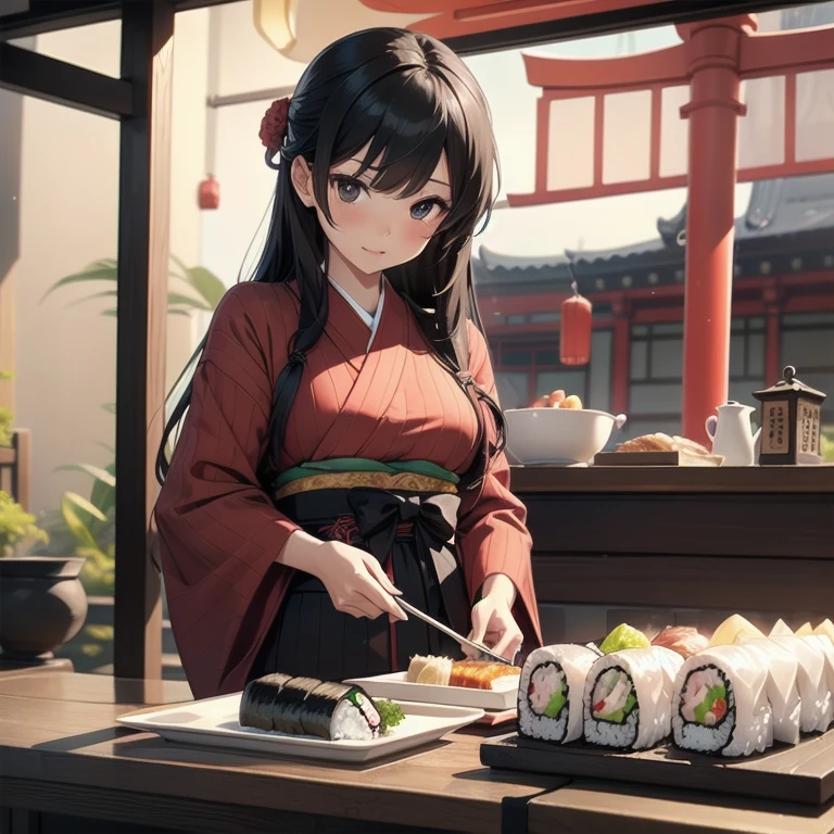 1girl, anime, black eyes, long black hair with square bangs, very long black hair, super long black hair, skirt and stockings, heels, black Japanese style kimono mixed with ribbed black sweater with red accents and sakura floral design, ((ribbed black sweater)) adult, (((Japanese shrine/temple background))), kimono sleeves, garter, graceful, ((rolling sushi in kitchen)), sushi on countertop, mountain dew energy drink/soda on countertop, lots of completed dishes everywhere, (((lots of food in the background)))