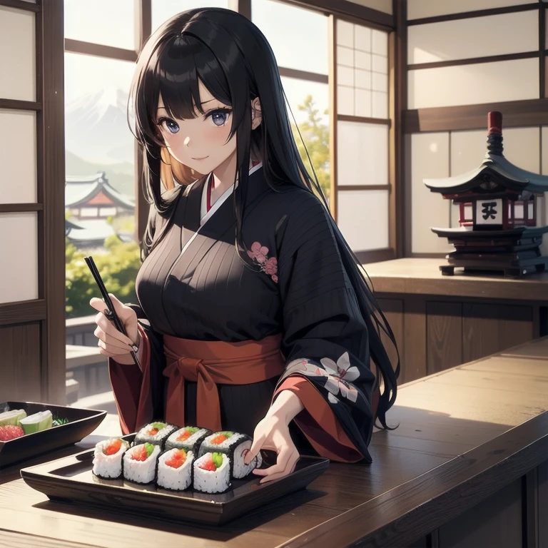 1girl, anime, black eyes, long black hair with square bangs, very long black hair, super long black hair, skirt and stockings, heels, black Japanese style kimono mixed with ribbed black sweater with red accents and sakura floral design, ((ribbed black sweater)) adult, (((Japanese shrine/temple background))), kimono sleeves, garter, graceful, ((rolling sushi in kitchen)), sushi on countertop, mountain dew energy drink/soda on countertop, lots of completed dishes everywhere, (((lots of food in the background)))