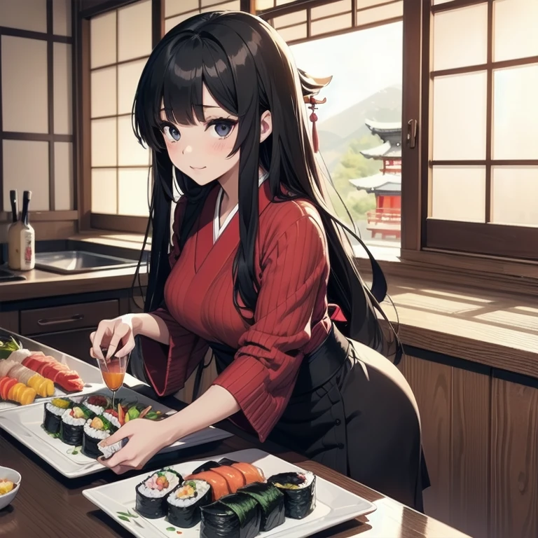 1girl, anime, black eyes, long black hair with square bangs, very long black hair, super long black hair, skirt and stockings, heels, black Japanese style kimono mixed with ribbed black sweater with red accents and sakura floral design, ((ribbed black sweater)) adult, (((Japanese shrine/temple background))), kimono sleeves, garter, graceful, ((rolling sushi in kitchen)), sushi on countertop, mountain dew energy drink/soda on countertop, lots of completed dishes everywhere, (((lots of food in the background)))