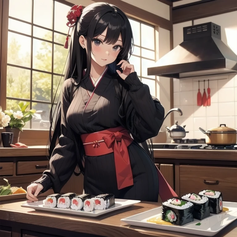 1girl, anime, black eyes, long black hair with square bangs, very long black hair, super long black hair, skirt and stockings, heels, black Japanese style kimono mixed with ribbed black sweater with red accents and sakura floral design, ((ribbed black sweater)) adult, (((Japanese shrine/temple background))), kimono sleeves, garter, graceful, ((rolling sushi in kitchen)), sushi on countertop, mountain dew energy drink/soda on countertop, lots of completed dishes everywhere, (((lots of food in the background)))