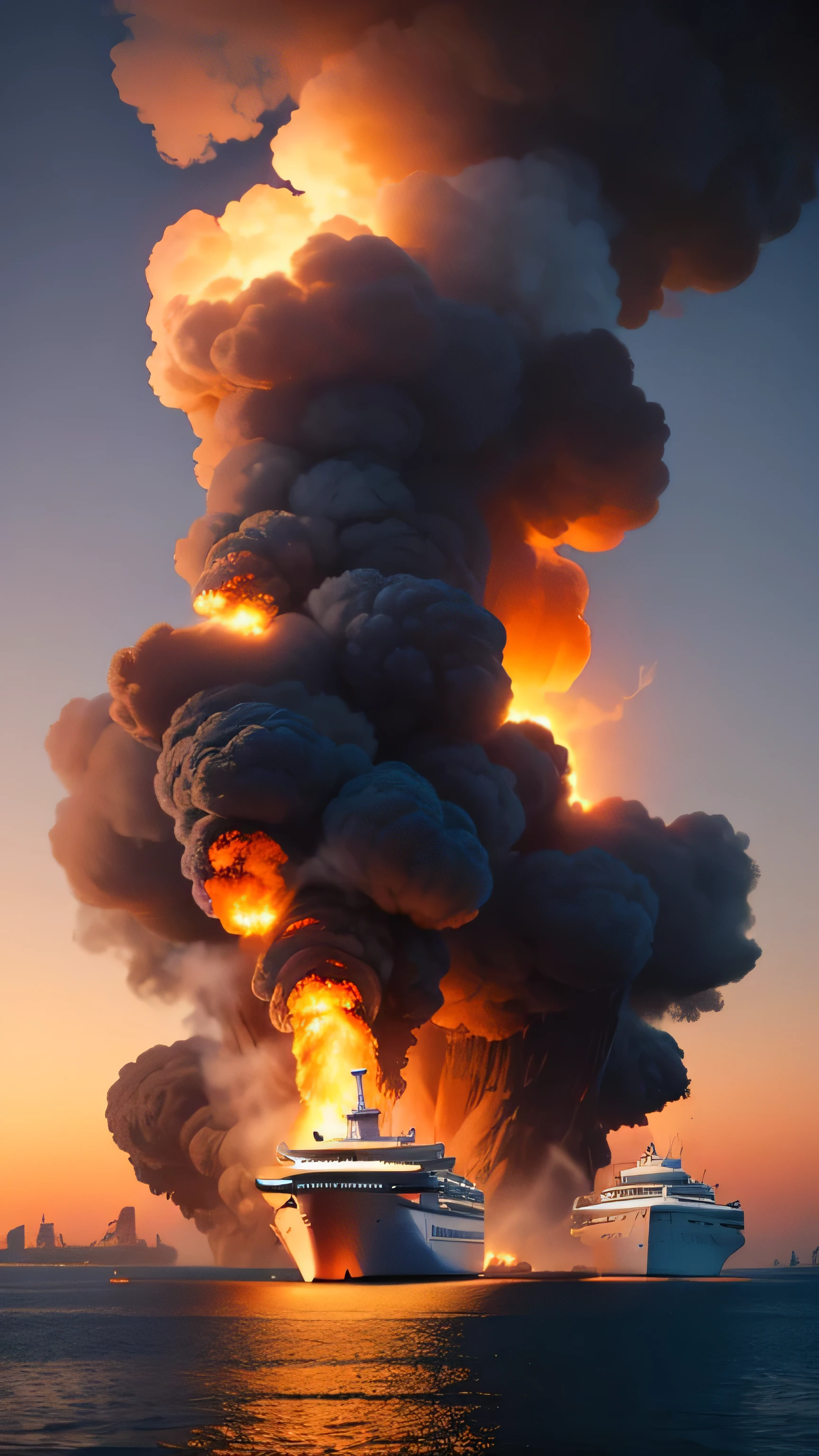 Passenger ship burns in the bay, 8k, high quality 