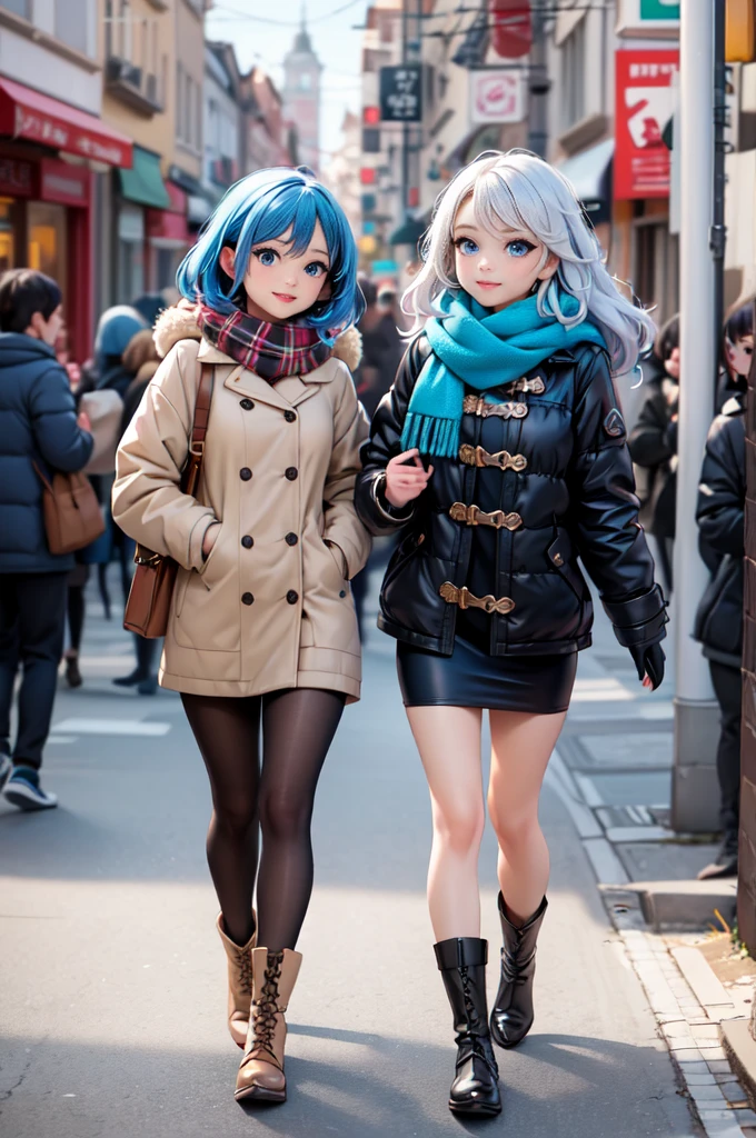 masterpiece, raw, beautiful art, professional artist, 8K, Art style by sciamano240, The facial details are very rich, very fine hair, 1 female, perfectly drawn body, pretty face, long hair, light blue hair , Very detailed blue eyes , rosy cheeks, The details in the eyes are intricate, playful smile, looking directly at the viewer , Falling in love with the audience’s expressions, lipstick, 穿著可愛的winter coat, winter coat, Gloves, sweater, scarf, short pencil skirt, boots, pantyhose ,Sunny winter day, walk, audience perspective, very close to face,