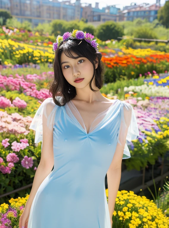 The face is always LoRA,,The chest is always visible,Bend forward slightly with your arms behind your back,emphasize the chest,Protruding nipples,The outline of the chest is clearly visible,Light clothing,A deep blue sexy V-cut dress(Extremely thin),Exuding sexiness,Always see-through clothes,flower crown