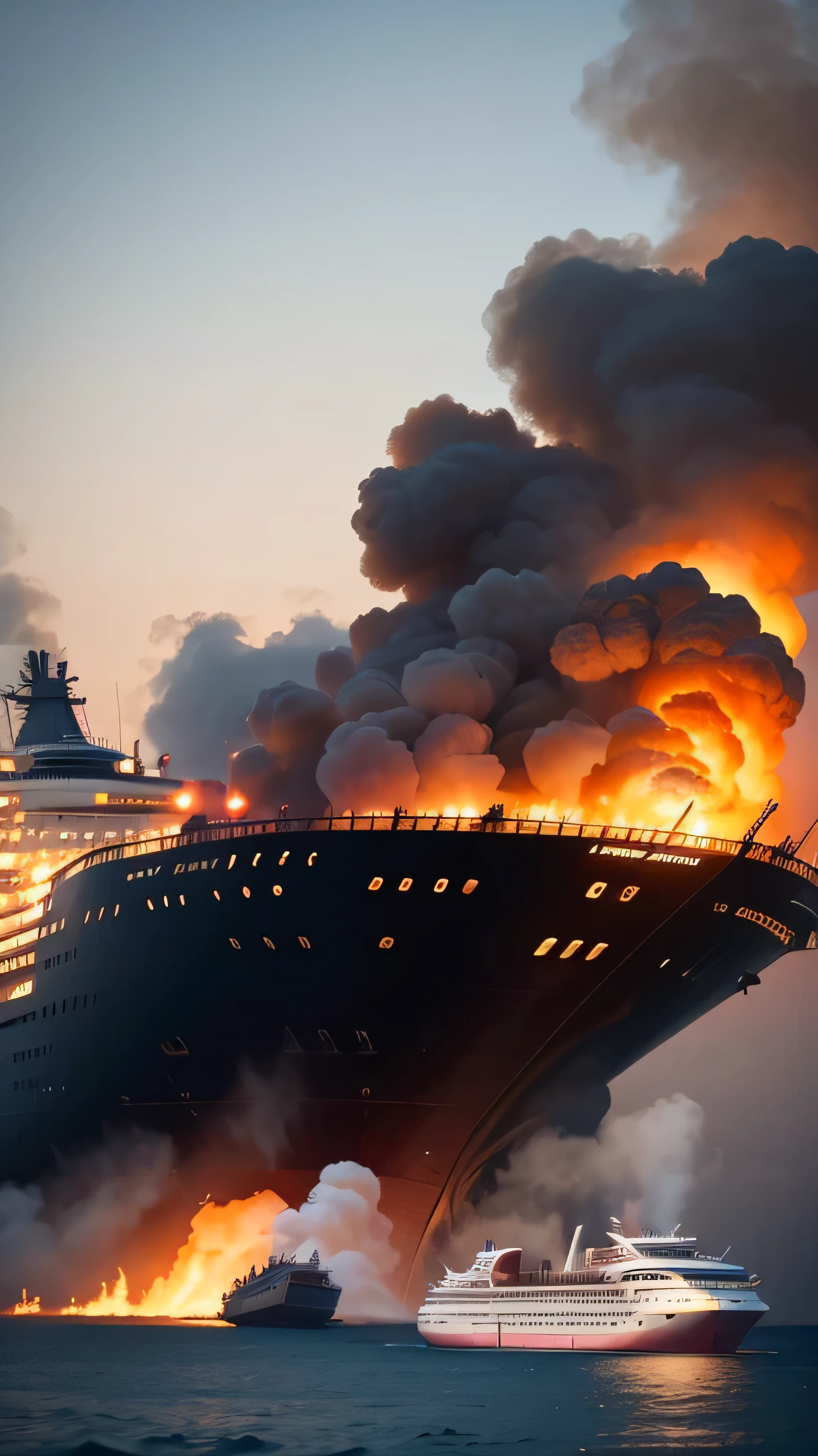 Passenger ship burns in the bay, 8k, high quality