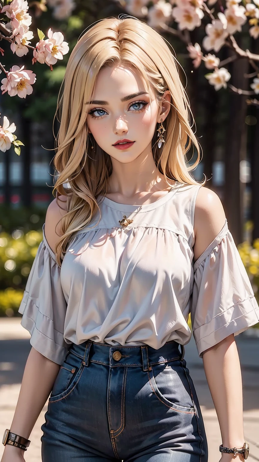((最high quality, 8K, masterpiece: 1.3, Ultra HD, high quality, 最high quality, High resolution, realism)) 、(high color saturation:1.0), (highly detailed skin), (最high quality:1.0), (超High resolution:1.0) ,(realistic:1.0), (Super detailed:1.0), (8K, Raw photo:1.1), slender、Slender, muscular body that's toned like an athlete's、I don't want my head to disappear from the screen.、Wear accessories on your wrist、Wearing red nail polish、I have a peticure、25 year old white woman、platinum blonde、long hair、hair is wavy、blue eyes、hair above one eye、smile、smile showing teeth((grin ))、Wear off-the-shoulder tops、Lower milk visible、Wear low-rise skinny jeans、At the lakeside、There is only nature around、Full bloom cherry blossoms、SakuraFubuki