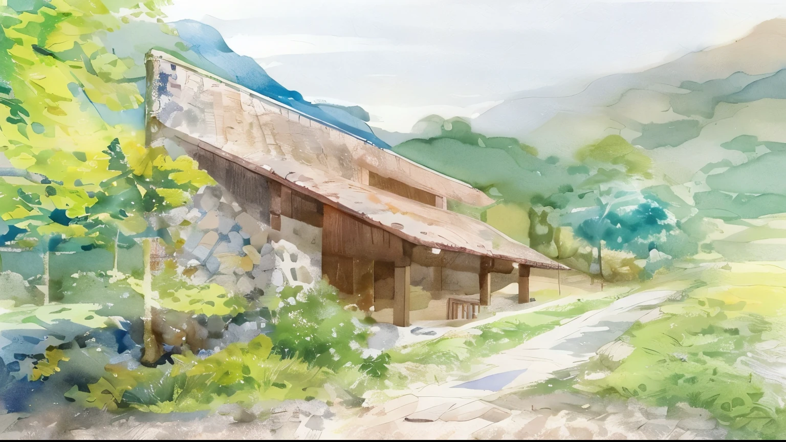 In watercolors, Detailed images, House with tile roof, stone wall, wooden pillars, Natural landscape of mountains and forests
