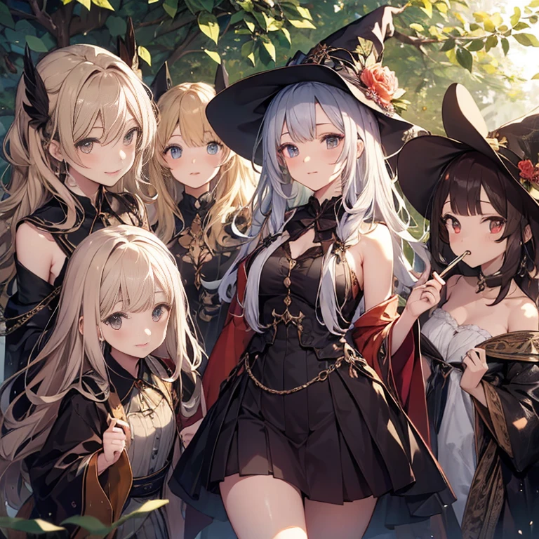 A group of witches, (in forest), various hair styles, harem, wearing witch robe, night, details face, , short skirt, seducing, magic wand, showing armpits, sleeveless
