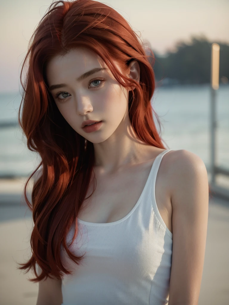 ( masterpiece, top quality, best quality,8k,17 years old girl,ultra detailed,raw photo:1.5),(photorealistic:1.4), ( hairstyles, red hair:1.5), (cinematic lighting), PerfectNwsjMajic, , Surrealism, UHD, ccurate, Super detail, textured skin, High detail, Best quality, dynamic angle, White skin,[Beautiful blue eyes], high nose,[flat chest:large breasts:0.5],(1girl),(good anatomy:0.5)),(outside ),