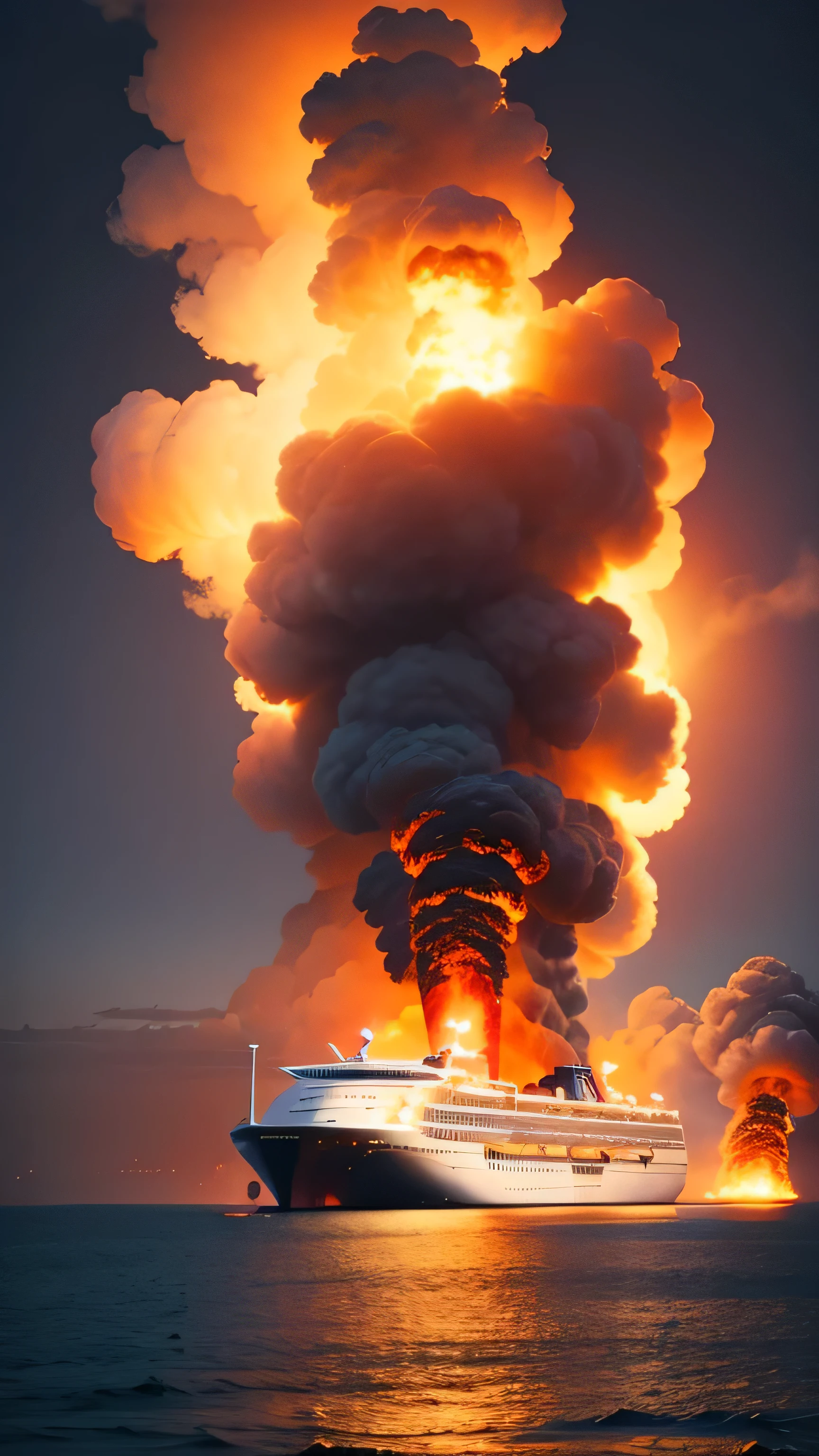 Passenger ship burns in the bay, 8k, high quality 