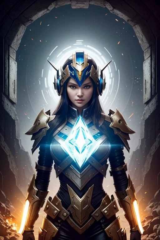 (best quality,4k,8k,highres,masterpiece:1.37), ultra-detailed, (realistic,photorealistic,photo-realistic:1.37), (aerial view), (top down perspective), 1woman, (a woman pulling a video game cartridge out of a futuristic artifact box full of retro video game cartridges:1.6), (the woman is looking at the box:1.4), (Futuristic artifact box), (the artifact box is open), (The scene unfolds inside a mystical cavern:1.4), robot joints, mecha musume, (The woman is wearing a mecha armor made with glass details, covering her entire body:1.5), (She has a glass helmet visor:1.4), (dynamic angle:1.37), headgear, mechanical parts, (The woman's headgear is made of fractal technological components:1.4), (fantasy and sci-fi mixed:1.37), holographic glitch effects floats around the woman, vibrant colors, (A blue glow emanates from inside the treasure chest), glowing lights, (abandoned machinery), (there are video game cartridges and consoles on the background), mystical creatures, (there are crystal formations spreading on the background), (futuristic technology), (ancient artifacts), mystical energy, vibrant retro aesthetic, atmospheric lighting, ancient ruins, mysterious symbols, lush vegetation, interdimensional portals, nostalgic atmosphere, epic adventure, delightful surprises