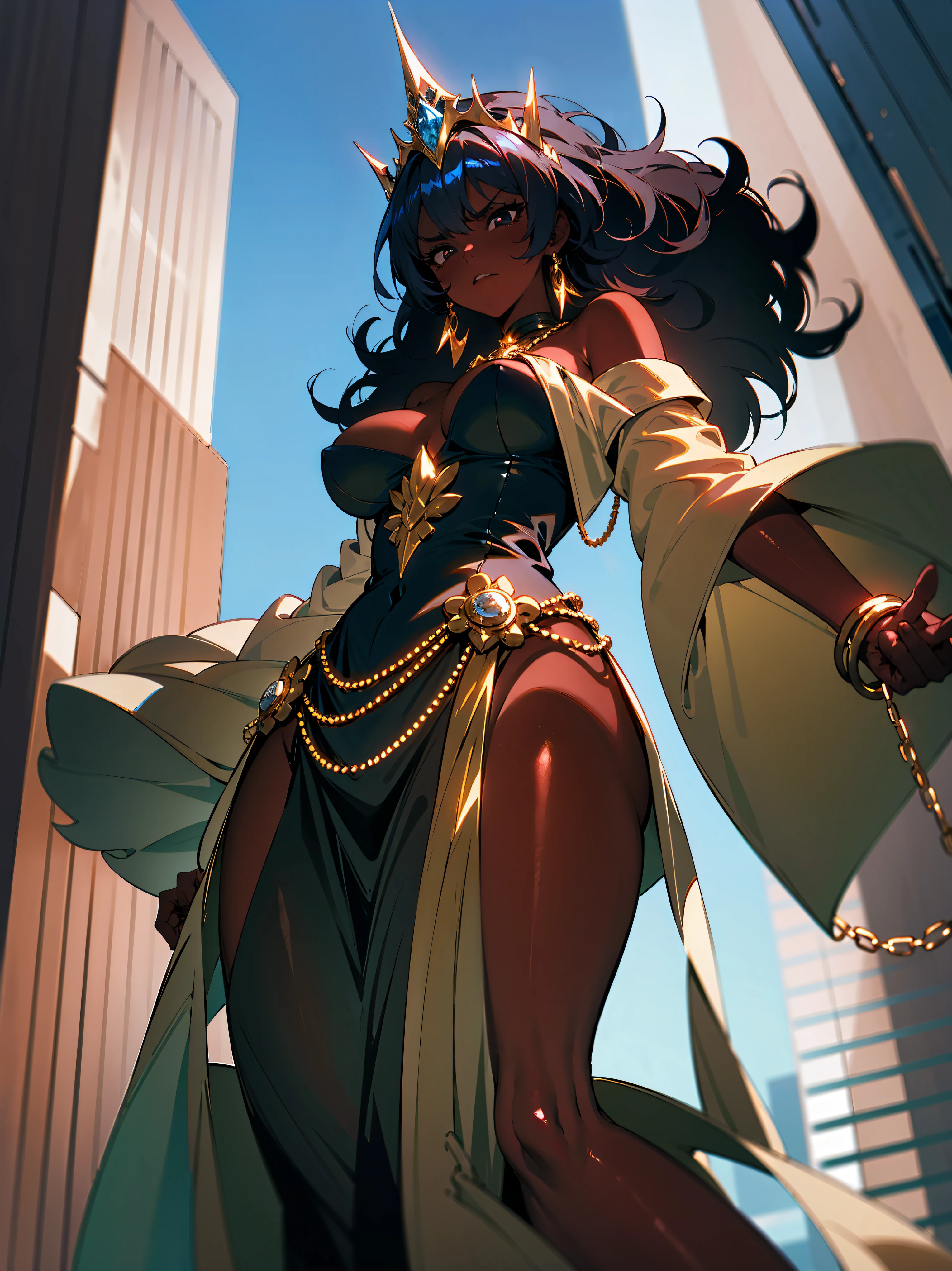 shiny effect, shiny lustrous body, shiny hair, shiny glowing gold, angry face, imposing busty woman on a skyscraper, black eyes, black afro hair, off-shoulder black empire dress, queen tiara, golden accessories, imperial long sleeves, chains wrapping her body, chains, view from below