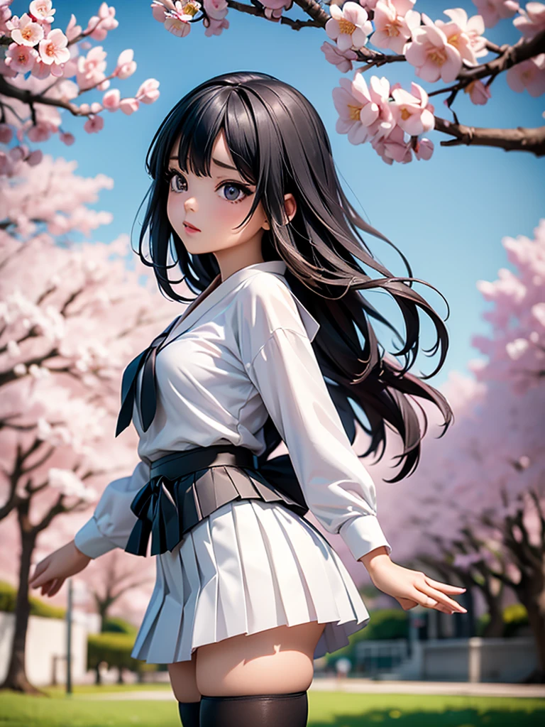 ((best quality)), ((masterpiece)), (detailed), (natural side lighting, movie lighting), 
((carry the audience on their backs)), whole body, 1 girl, Rear view, ((Japanese)), perfect body structure, shiny skin, Long hair fluttering in the wind,
long black hair, Slender legs, slender fingers, 
((Symmetrical clothes, white collar shirt, Black pleated mini skirt，dark stockings)) , 
(Beautiful scenery), depth of field, breezy morning, (outdoor), japanese city, spring, Cherry tree,