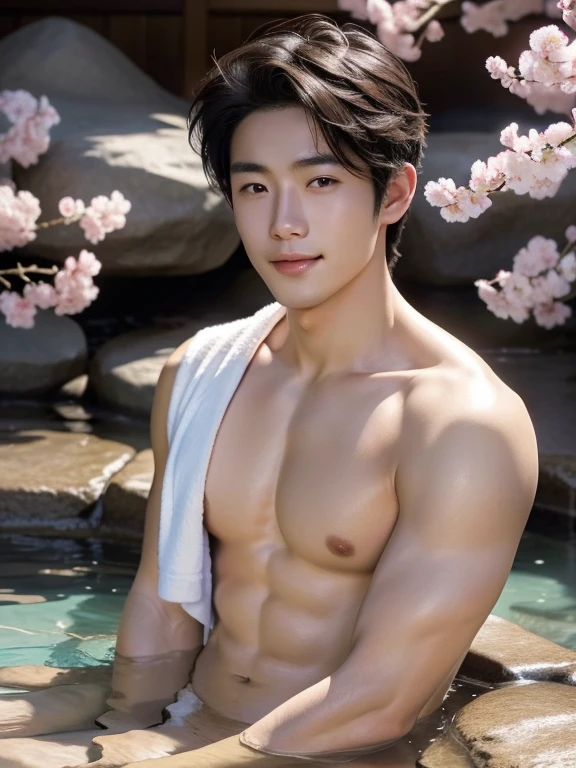 Naked man , Hot spring , hot spring with cherry blossom view , early afternoon, white towel on chest , whole body , adorable smile , nude ,realistic handsome Japanese face , modest muscles , masterpiece、A high resolution、hyperrealism、detailed face、solo、a men、glowing skin、(Asian)、(young、teenager)、Handsome、detailed background、Handsome